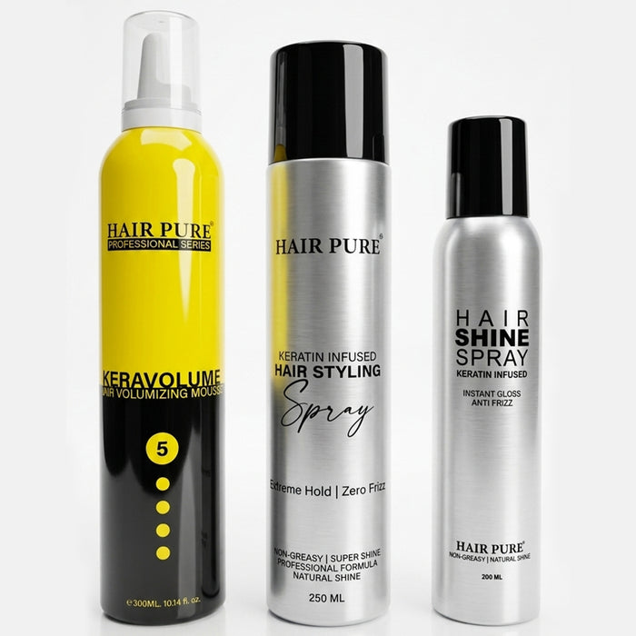 Hair Pure Salon Styling Combo Pack | Keratin Hair Mousse 300ml + Strong Hold Hair Spray 250ml + Instant Shine Spray 200ml | Volume, Hold & Gloss Finish - our product