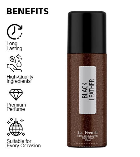 Black Leather Deodorant 150ml For Men | Long Lasting Deodorant Spray | 24 Hours Odor Protection | Fresh Amber Woody and Musky Fragrance | All Day Freshness | Body Spray For Men promises