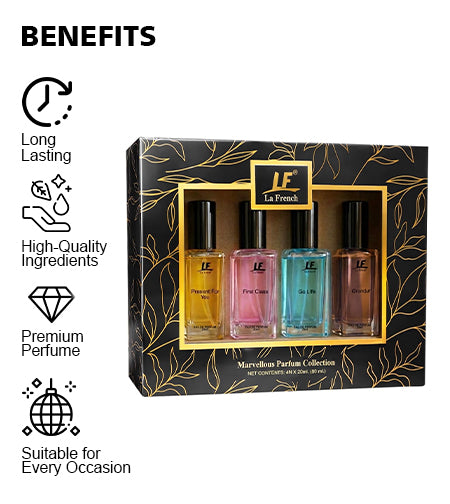 Marvellous Perfume Collection Gift Set – 4 × 20ml (80ml) | Long-Lasting Unisex Fragrance Set | Premium Perfumes for Men & Women | Ideal Gift for All Occasions promises