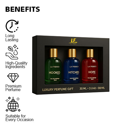 Perfume Gift Set for Men 3x30 ML Hooked Hope Hitched Best Gift Hamper Perfume | Long Lasting | Citrus Spicy & Musky Fragrance | Date night fragrance | Best Gift Set For Men promises