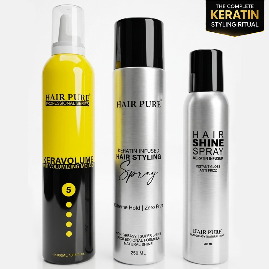 Hair Pure Salon Styling Combo Pack | Keratin Hair Mousse 300ml + Strong Hold Hair Spray 250ml + Instant Shine Spray 200ml | Volume, Hold & Gloss Finish