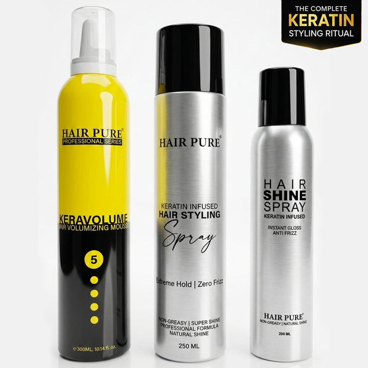 Hair Pure Salon Styling Combo Pack | Keratin Hair Mousse 300ml + Strong Hold Hair Spray 250ml + Instant Shine Spray 200ml | Volume, Hold & Gloss Finish