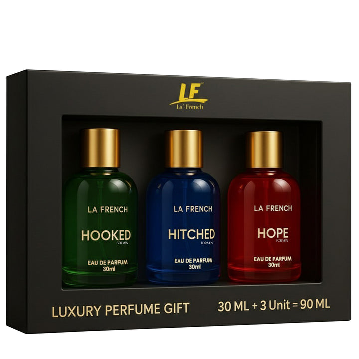 Perfume Gift Set for Men 3x30 ML Hooked Hope Hitched Best Gift Hamper Perfume | Long Lasting | Citrus Spicy &amp; Musky Fragrance | Date night fragrance | Best Gift Set For Men