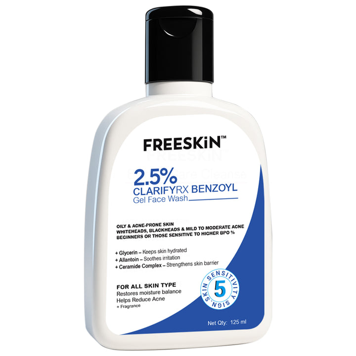 2.5% ClarifyRX Benzoyl Gel Face Wash 125ml | Anti-Acne Cleanser with Benzoyl Peroxide | Oil Control, Pimple & Blackhead Treatment Facewash