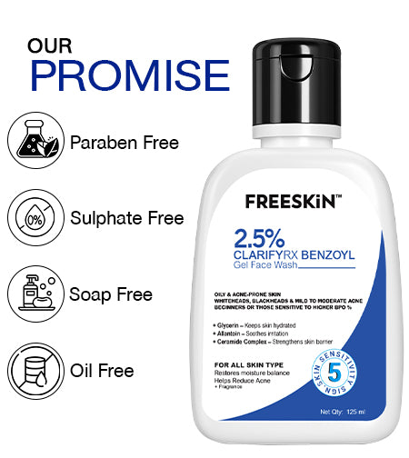 2.5% ClarifyRX Benzoyl Gel Face Wash 125ml | Anti-Acne Cleanser with Benzoyl Peroxide | Oil Control, Pimple & Blackhead Treatment Facewash promises