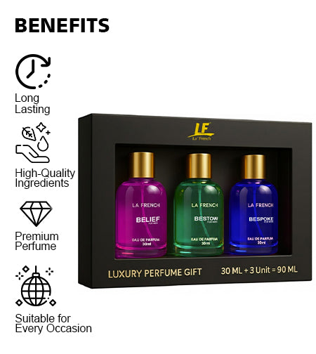 Man Perfume Gift Set 3 x 30 ml for Men | with Belief Bestow Bespoke Perfume | Woody, Citrusy Long Lasting EDP Fragrance Scent Best Gift Hamper Set for Men promises