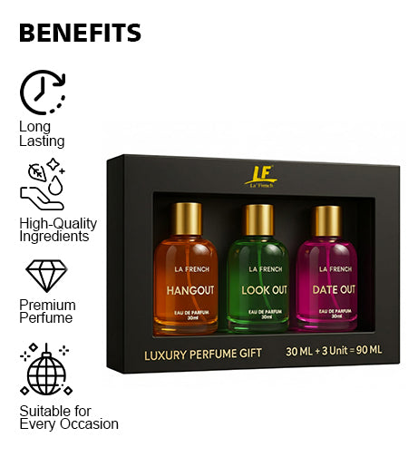 Best Fragrance for Unisex Aquatic and Citrus | Best Gift Hamper Set of 3 (Hang Out + Date Out + Look Out) Upto 24 hrs lasting (Eau De Parfum) | Perfume Gift Set for Men & Women promises