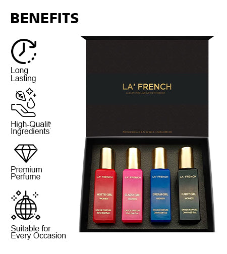 Sassy Luxury Perfume Gift Set for Women – Set of 4 Mini Perfumes (20ml Each) | Long-Lasting & Luxurious Fragrances | Premium Combo Gift Set for Girls & Women | Perfect for Gifting & Everyday Elegance promises