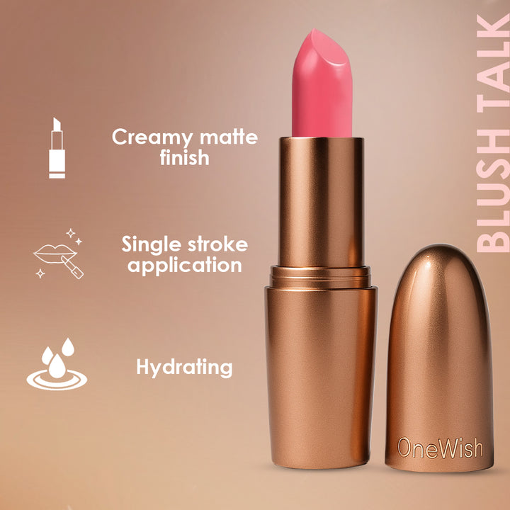 Creamy Matte Lipstick Blush Talk Shade 02 – Long Lasting Matte Lipstick, Full Coverage, Highly Pigmented Blush Pink Lip Color for Women (3.8g)