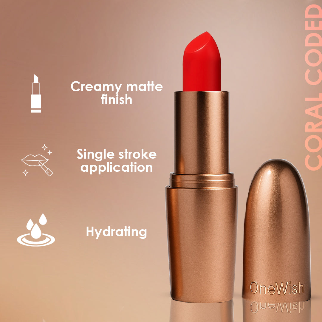 Creamy Matte Lipstick Coral Coded Shade 03 – Long Lasting Matte Lipstick, Full Coverage, Highly Pigmented Coral Lip Color for Women (3.8g)