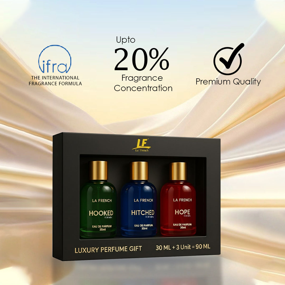 Perfume Gift Set for Men 3x30 ML Hooked Hope Hitched Best Gift Hamper Perfume | Long Lasting | Citrus Spicy &amp; Musky Fragrance | Date night fragrance | Best Gift Set For Men