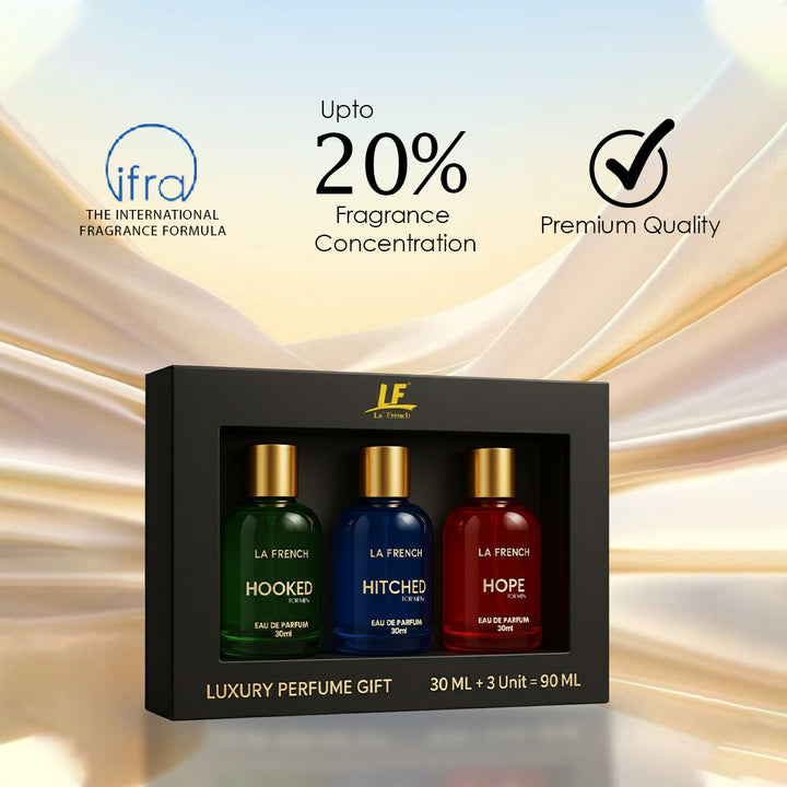 Perfume Gift Set for Men 3x30 ML Hooked Hope Hitched Best Gift Hamper Perfume | Long Lasting | Citrus Spicy &amp; Musky Fragrance | Date night fragrance | Best Gift Set For Men