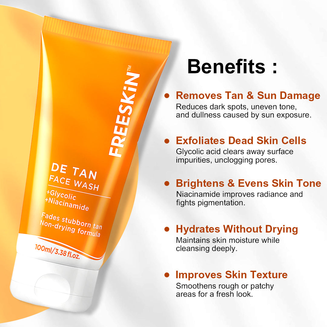 Detan Face Wash 100ml | Glycolic Acid & Niacinamide Cleanser | Tan Removal, Brightening & Deep Cleansing Facewash for Clear Skin