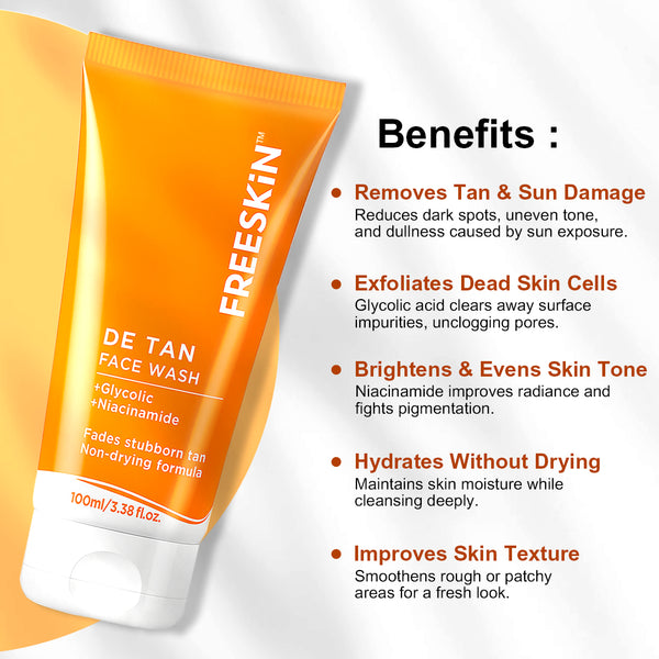 Detan Face Wash 100ml | Glycolic Acid & Niacinamide Cleanser | Tan Removal, Brightening & Deep Cleansing Facewash for Clear Skin