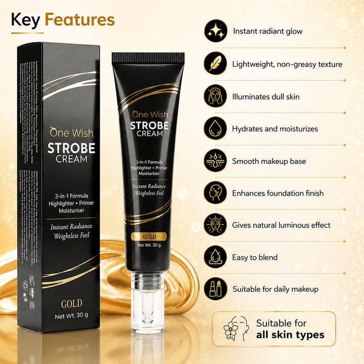 One Wish Strobe Cream Gold, 30g | 3-in-1 Primer, Highlighter & Moisturizer | Illuminating Makeup Base | Instant Radiance & Dewy Glazed Glow | Lightweight Formula | For All Skin Types