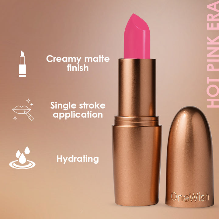 Creamy Matte Lipstick Hot Pink Era Shade 01 – Long Lasting Matte Lipstick, Full Coverage, Highly Pigmented Hot Pink Lip Color for Women (3.8g)