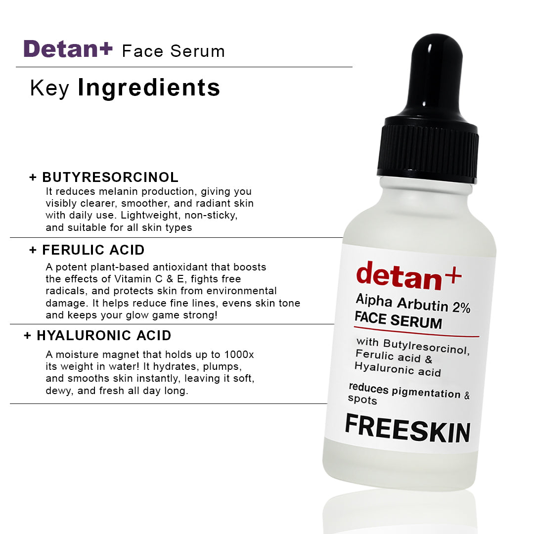 De-Tan Face Serum (30ml) | 2% Alpha Arbutin Brightening & Tan Removal Serum with Hyaluronic Acid for Even Skin Tone