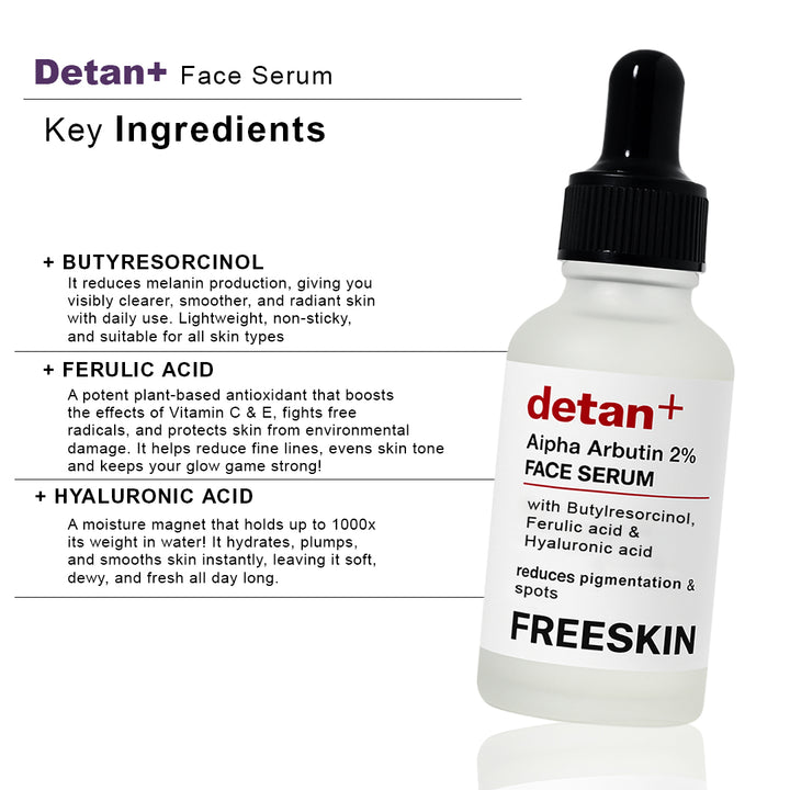 De-Tan Face Serum (30ml) | 2% Alpha Arbutin Brightening & Tan Removal Serum with Hyaluronic Acid for Even Skin Tone