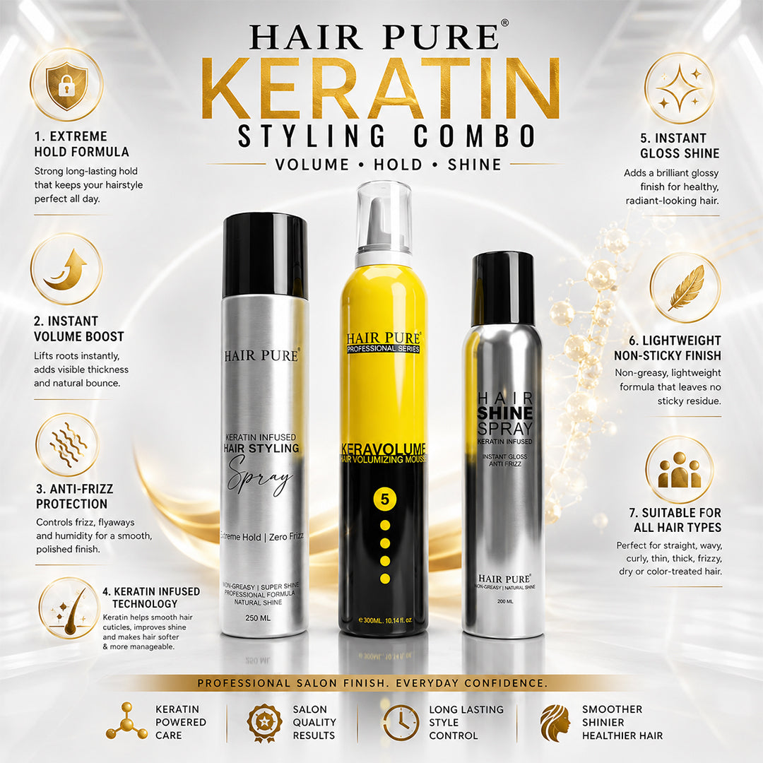 Hair Pure Salon Styling Combo Pack | Keratin Hair Mousse 300ml + Strong Hold Hair Spray 250ml + Instant Shine Spray 200ml | Volume, Hold & Gloss Finish