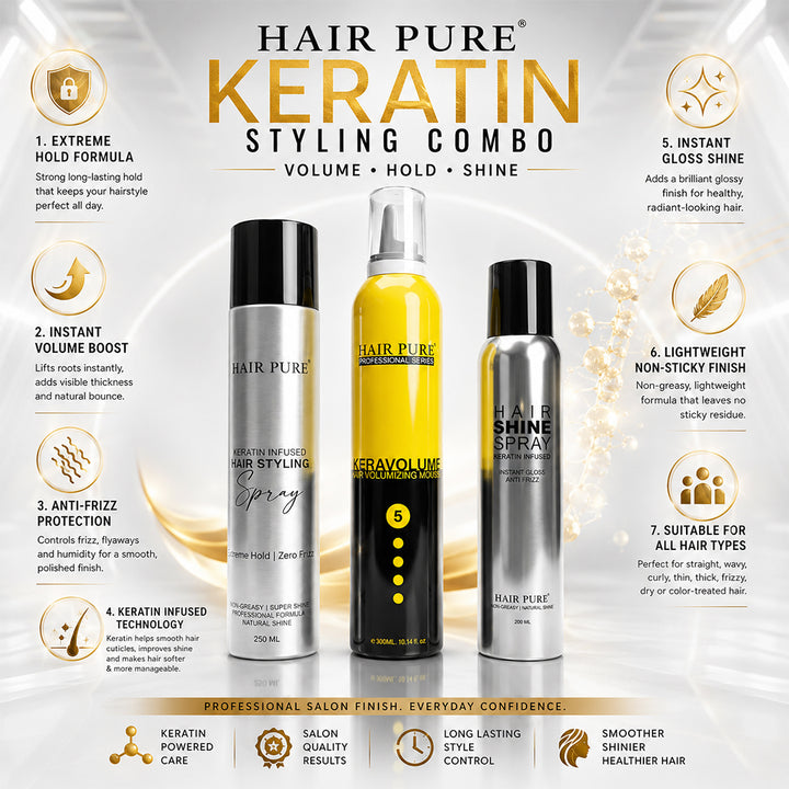Hair Pure Salon Styling Combo Pack | Keratin Hair Mousse 300ml + Strong Hold Hair Spray 250ml + Instant Shine Spray 200ml | Volume, Hold & Gloss Finish