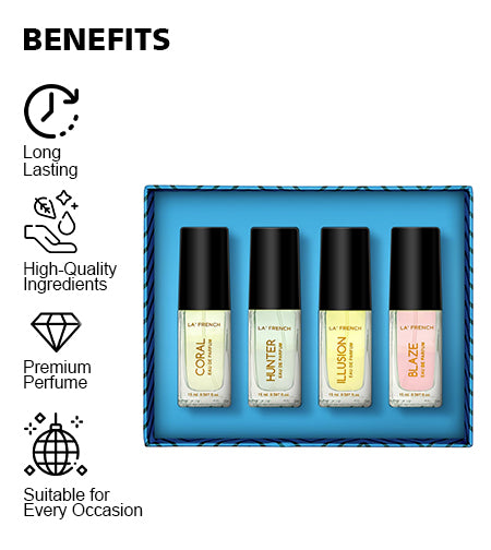 Perfume Gift Set for Men & Women 4x15ml | Coral Blaze Illusion Hunter | Long Lasting Mini Eau De Parfum Set | Luxury Unisex Fragrance Gift Pack promises