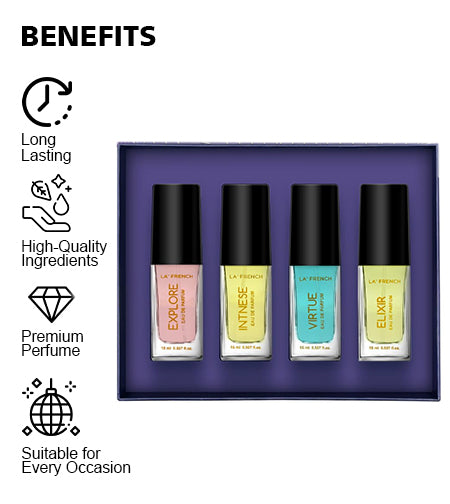 Purple Perfume Gift Set for Men & Women 4x15ml | Elixir Explore Intense Virtue | Long Lasting Mini Eau De Parfum Set | Luxury Unisex Fragrance Gift Pack promises