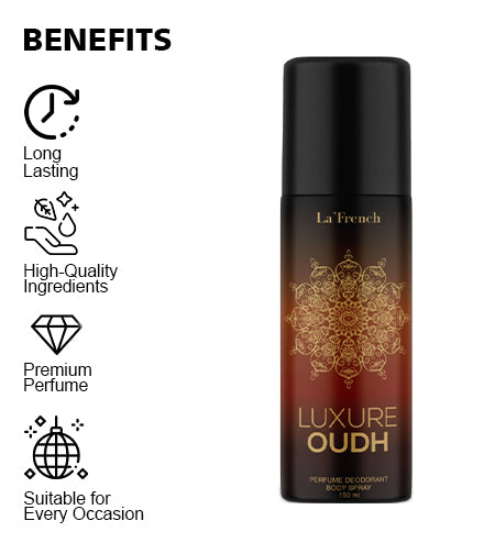 Luxure Oudh Perfume Deodorant Body Spray 150ml | Long Lasting Oud Fragrance | Premium Woody & Musky Deodorant for Men & Women promises