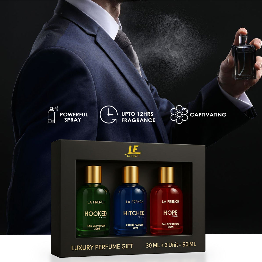 Perfume Gift Set for Men 3x30 ML Hooked Hope Hitched Best Gift Hamper Perfume | Long Lasting | Citrus Spicy &amp; Musky Fragrance | Date night fragrance | Best Gift Set For Men