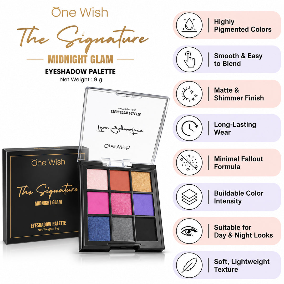 One Wish The Signature Midnight Glam Eyeshadow Palette - 9g / 9 in 1 High Pigment Matte & Shimmer Eyeshadow Palettes | Smooth & Blendable Eye Makeup Palette | Bold & Smokey Eye Makeup Palette for Women
