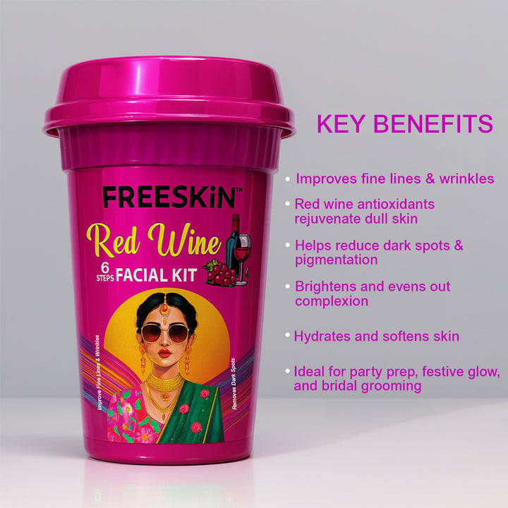 Red Wine Facial Kit 60g | Anti-Aging 6-Step Facial Kit | Firming, Brightening & Wrinkle Care Glow Facial for Youthful Skin
