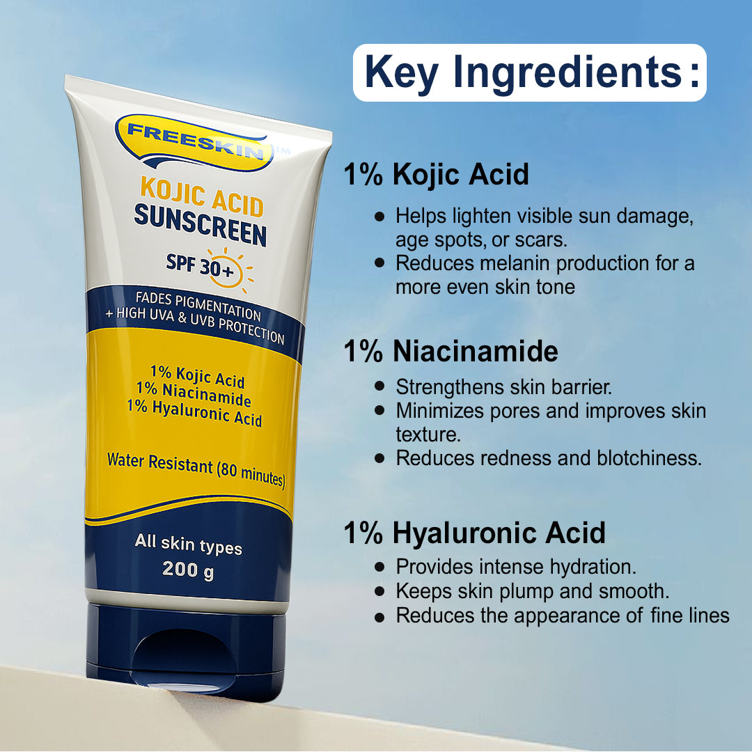 Sunscreen Kojic Acid SPF 30+ 200g | Broad Spectrum UVA/UVB Protection | Brightening, Anti-Pigmentation Sunscreen with Niacinamide & Hyaluronic Acid