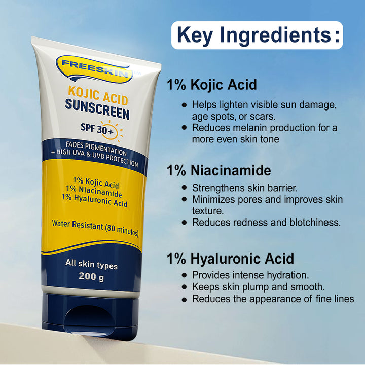 Sunscreen Kojic Acid SPF 30+ 200g | Broad Spectrum UVA/UVB Protection | Brightening, Anti-Pigmentation Sunscreen with Niacinamide & Hyaluronic Acid
