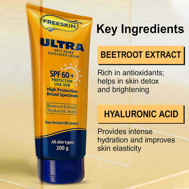 Sunscreen Cream Ultra Anti-Aging SPF 60+ 200g | Broad Spectrum UVA/UVB Protection | Hydrating, Brightening & Wrinkle Care Sunscreen with Hyaluronic Acid