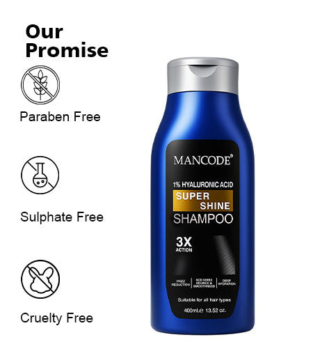 Super Shine Shampoo (400ml) | 1% Hyaluronic Acid Hydrating Shampoo for Men – Shine, Strength & Repair for Dull Hair promises