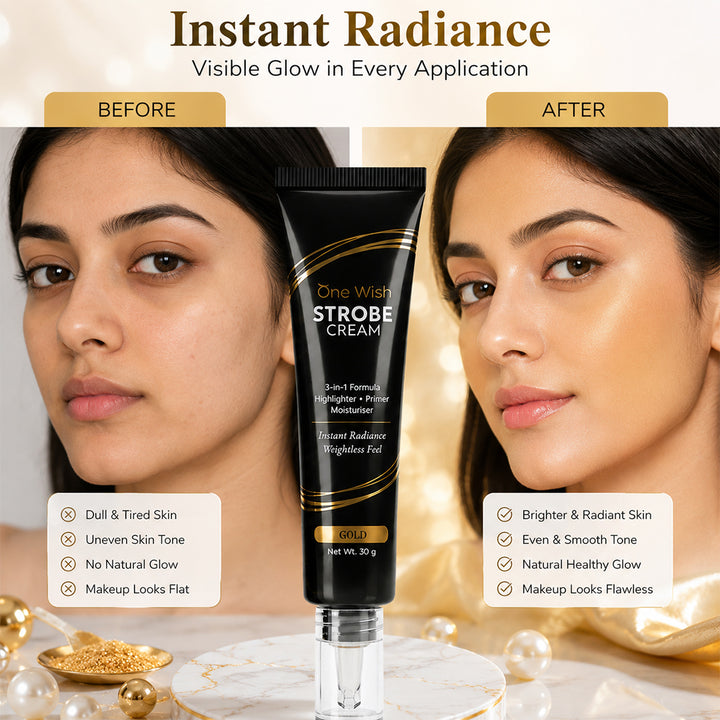 One Wish Strobe Cream Gold, 30g | 3-in-1 Primer, Highlighter & Moisturizer | Illuminating Makeup Base | Instant Radiance & Dewy Glazed Glow | Lightweight Formula | For All Skin Types