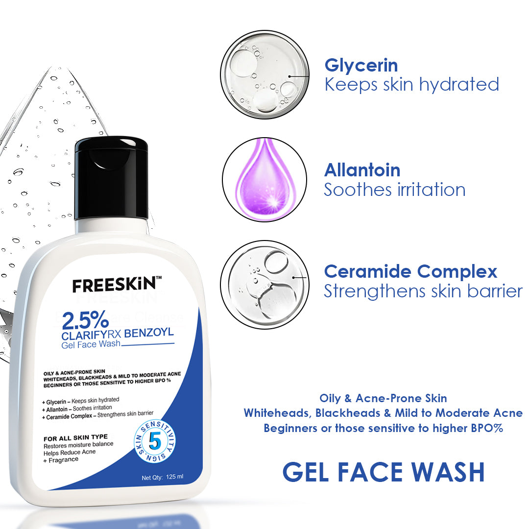 2.5% ClarifyRX Benzoyl Gel Face Wash 125ml | Anti-Acne Cleanser with Benzoyl Peroxide | Oil Control, Pimple & Blackhead Treatment Facewash