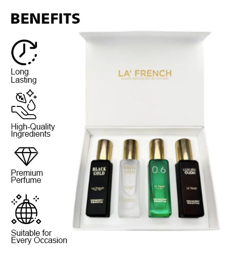 Classic Perfume Gift Set 4x20ml | Long Lasting Mini Perfume Set for Men & Women | Black Gold, White Gold, 0.6, Luxure Oudh | Luxury Fragrance Combo Pack promises