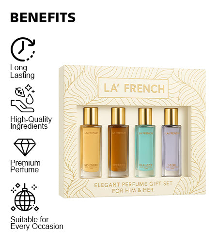Elegant Perfume Gift Set for Men & Women 4x20ml | Long Lasting Mini Perfume Combo | Splendid, Opulent, Elegant, Luxe | Premium Unisex Fragrance Set promises