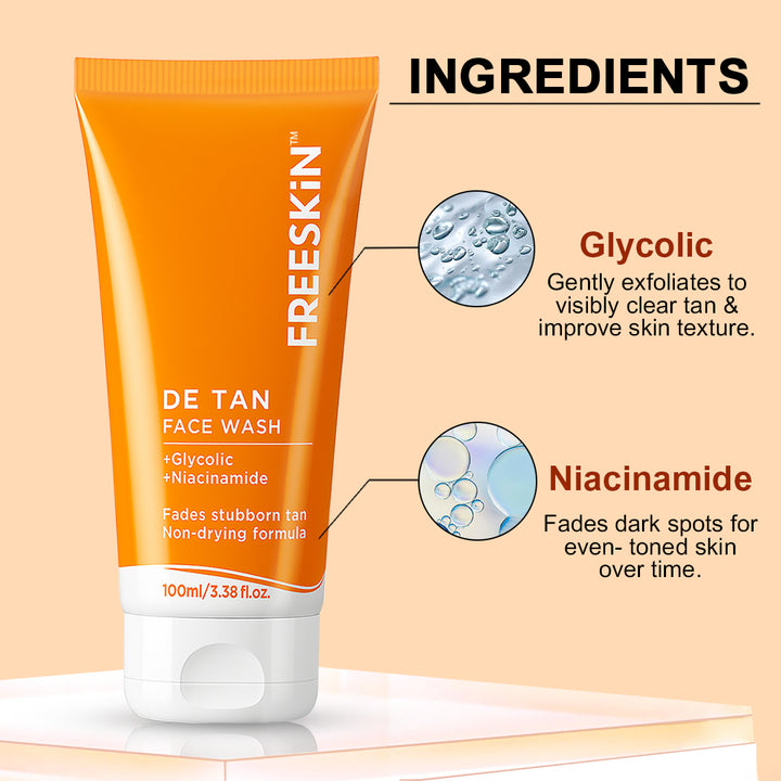 Detan Face Wash 100ml | Glycolic Acid & Niacinamide Cleanser | Tan Removal, Brightening & Deep Cleansing Facewash for Clear Skin