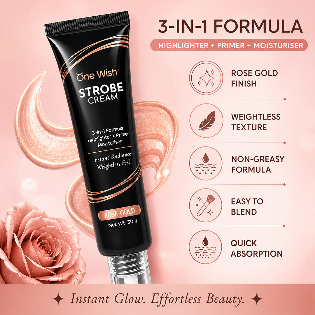 One Wish Strobe Cream Rose Gold, 30g | 3-in-1 Primer, Highlighter & Moisturizer | Illuminating Makeup Base for Instant Dewy Glow