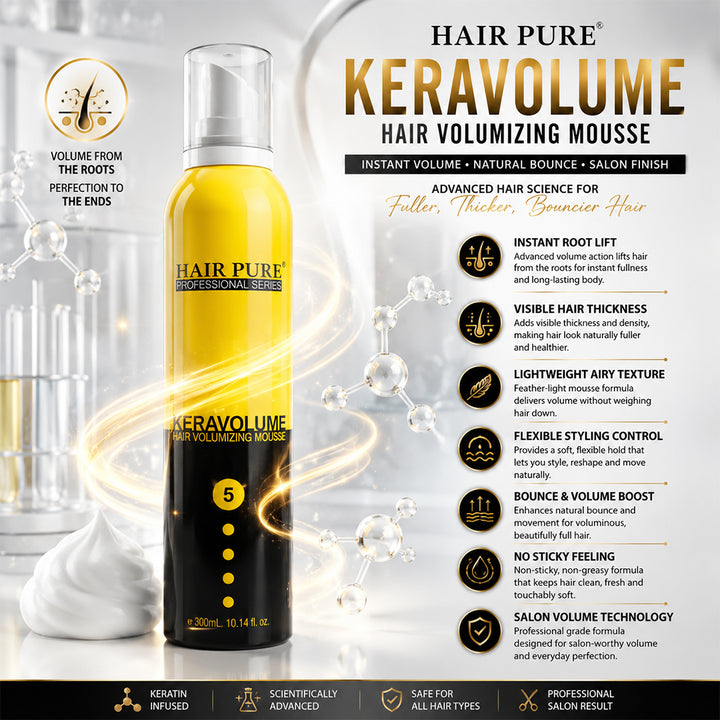 Hair Pure Salon Styling Combo Pack | Keratin Hair Mousse 300ml + Strong Hold Hair Spray 250ml + Instant Shine Spray 200ml | Volume, Hold & Gloss Finish