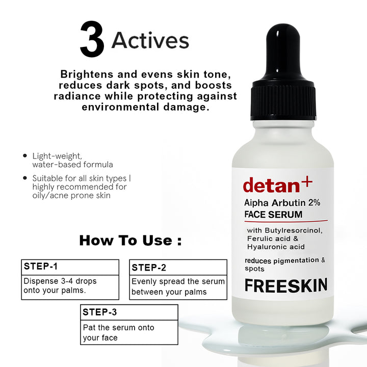 De-Tan Face Serum (30ml) | 2% Alpha Arbutin Brightening & Tan Removal Serum with Hyaluronic Acid for Even Skin Tone