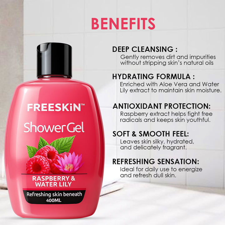 Raspberry & Water Shower Gel 400ml | Fruity Refreshing Body Wash | Hydrating, Gentle Cleansing & Soft Skin Shower Gel