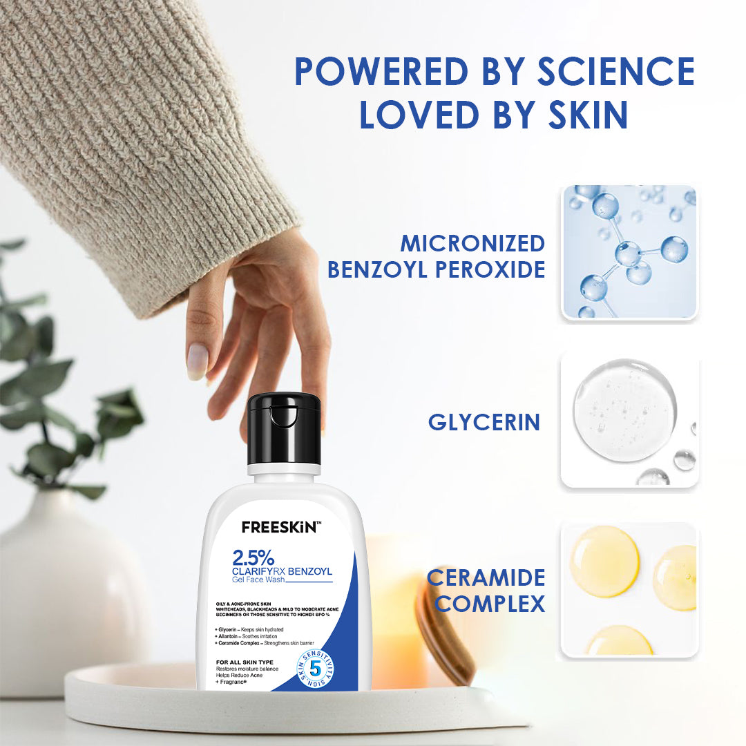 2.5% ClarifyRX Benzoyl Gel Face Wash 125ml | Anti-Acne Cleanser with Benzoyl Peroxide | Oil Control, Pimple & Blackhead Treatment Facewash
