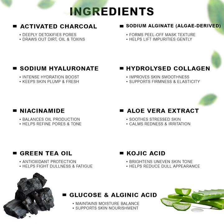 Charcoal Algae Peel Off Mask Powder + Gel (25g + 75ml) | Deep Detox Face Mask | Blackhead Removal, Oil Control & Pore Cleansing Treatment