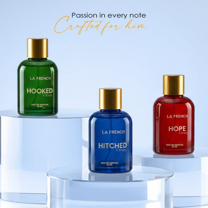 Perfume Gift Set for Men 3x30 ML Hooked Hope Hitched Best Gift Hamper Perfume | Long Lasting | Citrus Spicy &amp; Musky Fragrance | Date night fragrance | Best Gift Set For Men