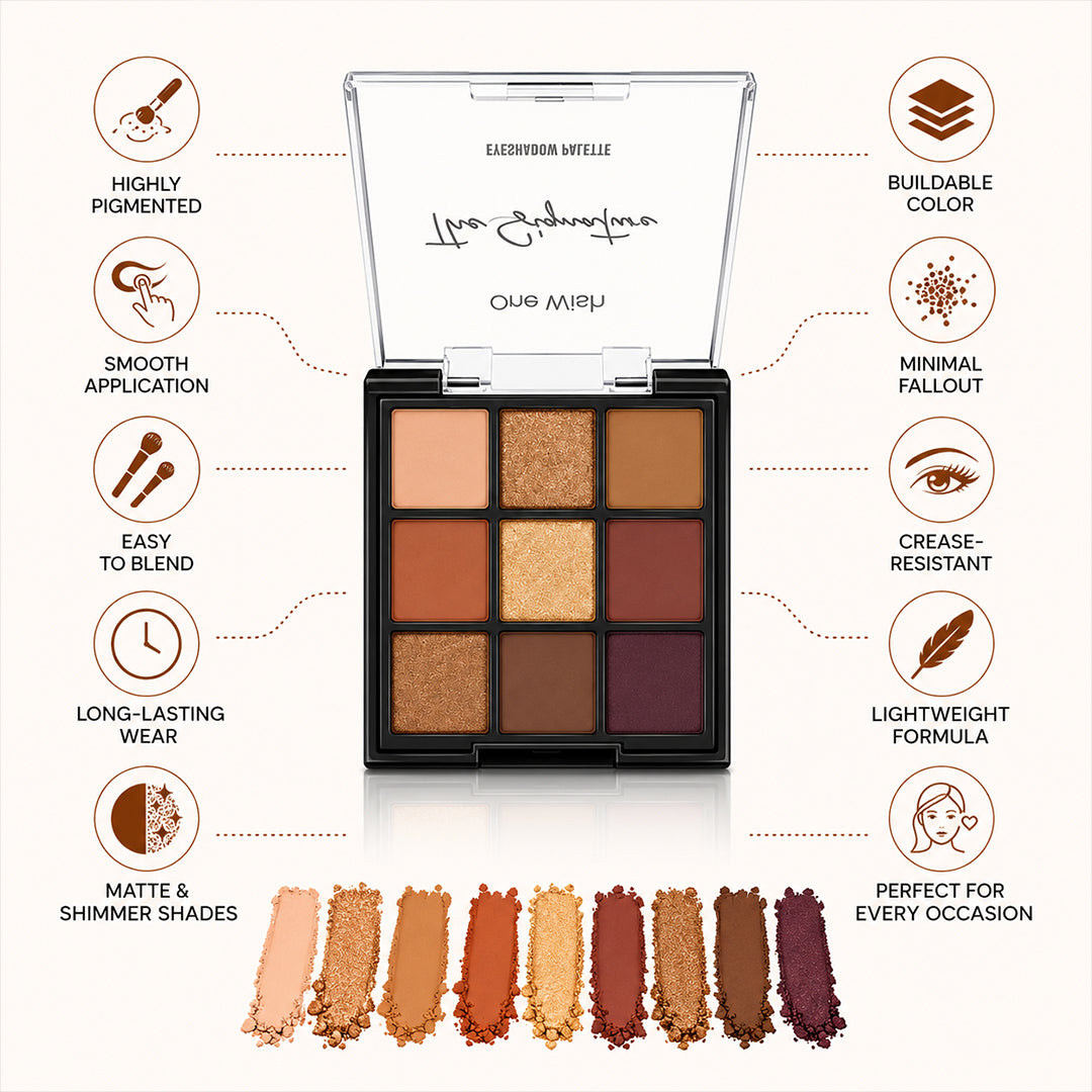 One Wish Golden Nude Eyeshadow Palette 9g | 9 in 1 Richly Pigmented Matte & Shimmer Nude Eye Colors | Smooth, Blending & Long-Wearing Eye Makeup Palette | Lightweight Formula | Compact Makeup Palette For Women