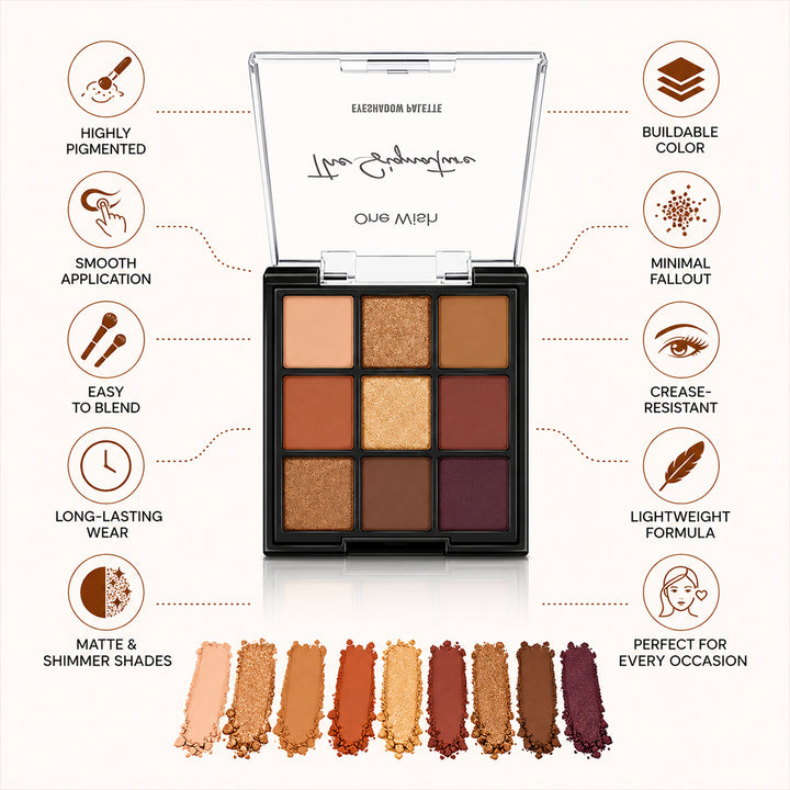 One Wish Golden Nude Eyeshadow Palette 9g | 9 in 1 Richly Pigmented Matte & Shimmer Nude Eye Colors | Smooth, Blending & Long-Wearing Eye Makeup Palette | Lightweight Formula | Compact Makeup Palette For Women