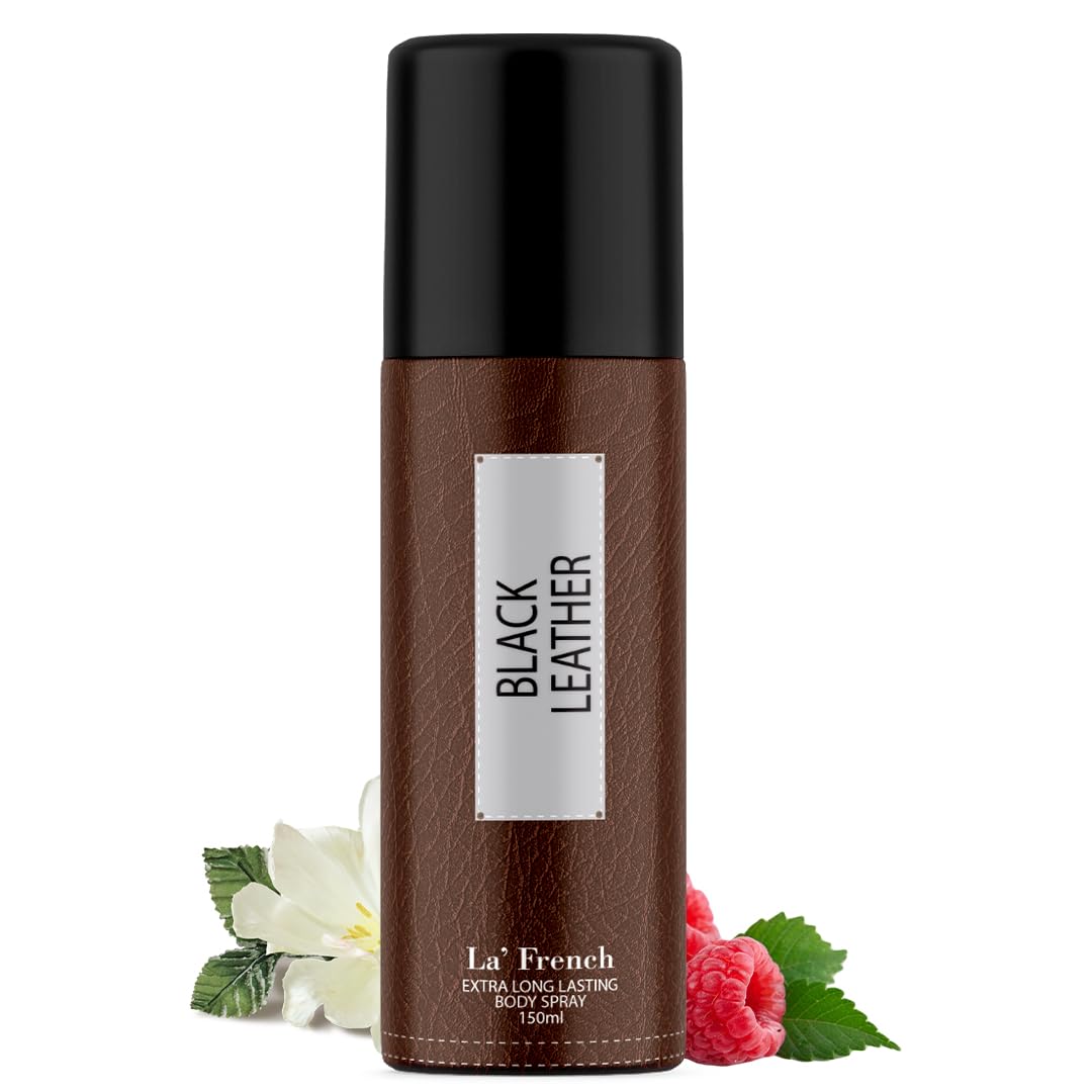 Black Leather Deodorant 150ml For Men | Long Lasting Deodorant Spray | 24 Hours Odor Protection | Fresh Amber Woody and Musky Fragrance | All Day Freshness | Body Spray For Men