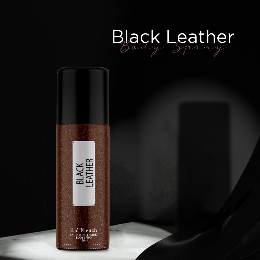 Black Leather Deodorant 150ml For Men | Long Lasting Deodorant Spray | 24 Hours Odor Protection | Fresh Amber Woody and Musky Fragrance | All Day Freshness | Body Spray For Men